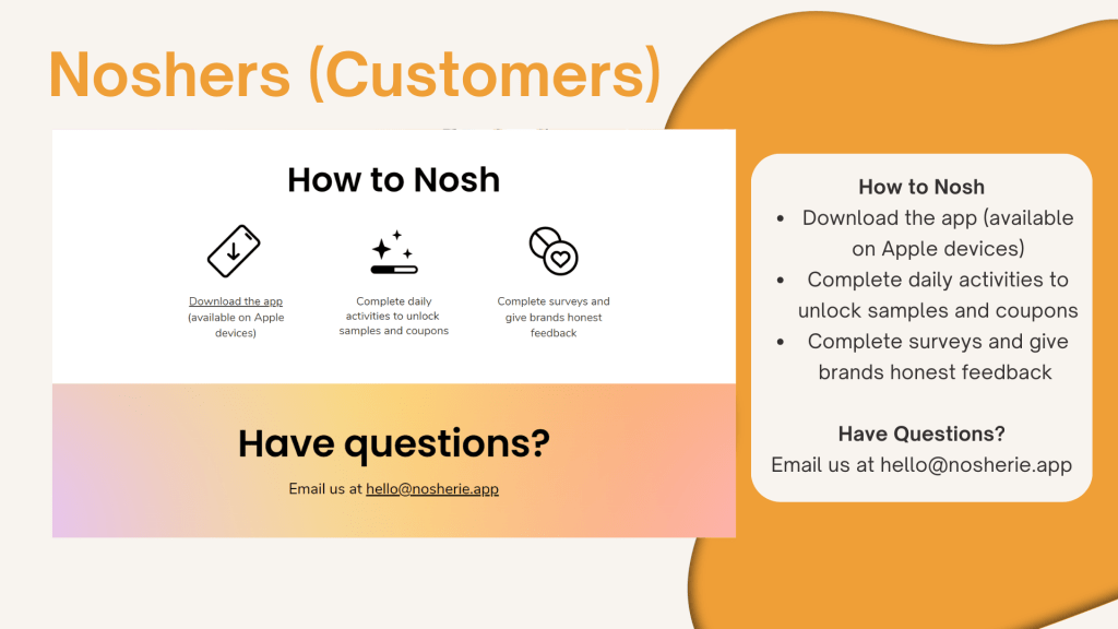 ow to Nosh

Download the app (available on Apple devices)

Complete daily activities to unlock samples and coupons

Complete surveys and give brands honest feedback

Have Questions?

Email us at hello@nosherie.app